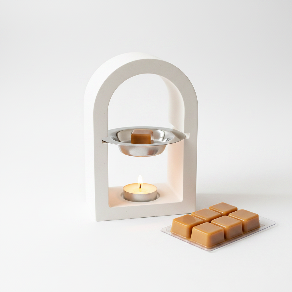 Quemador Arco con Wax Melt Dulce de Leche y vela encendida