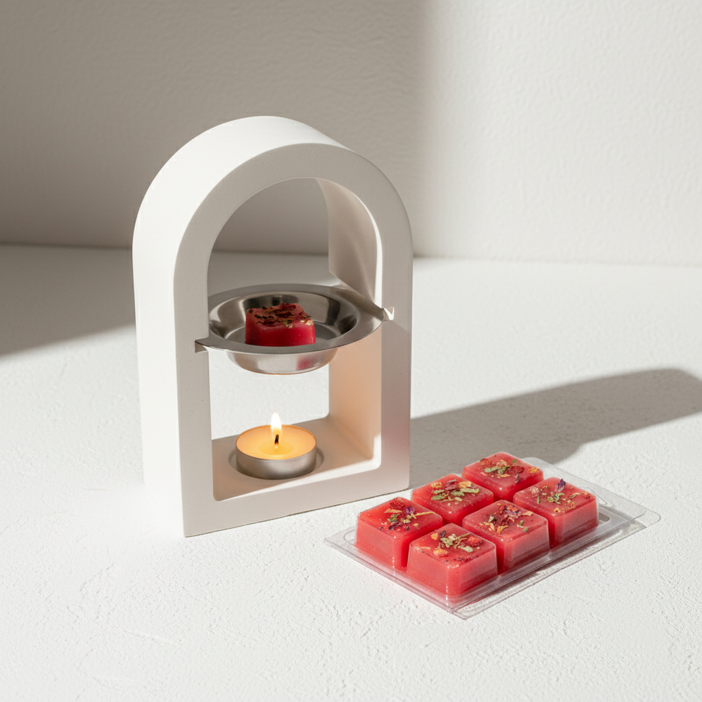 Quemador Arco con Wax Melt Fresa Ácida y vela encendida