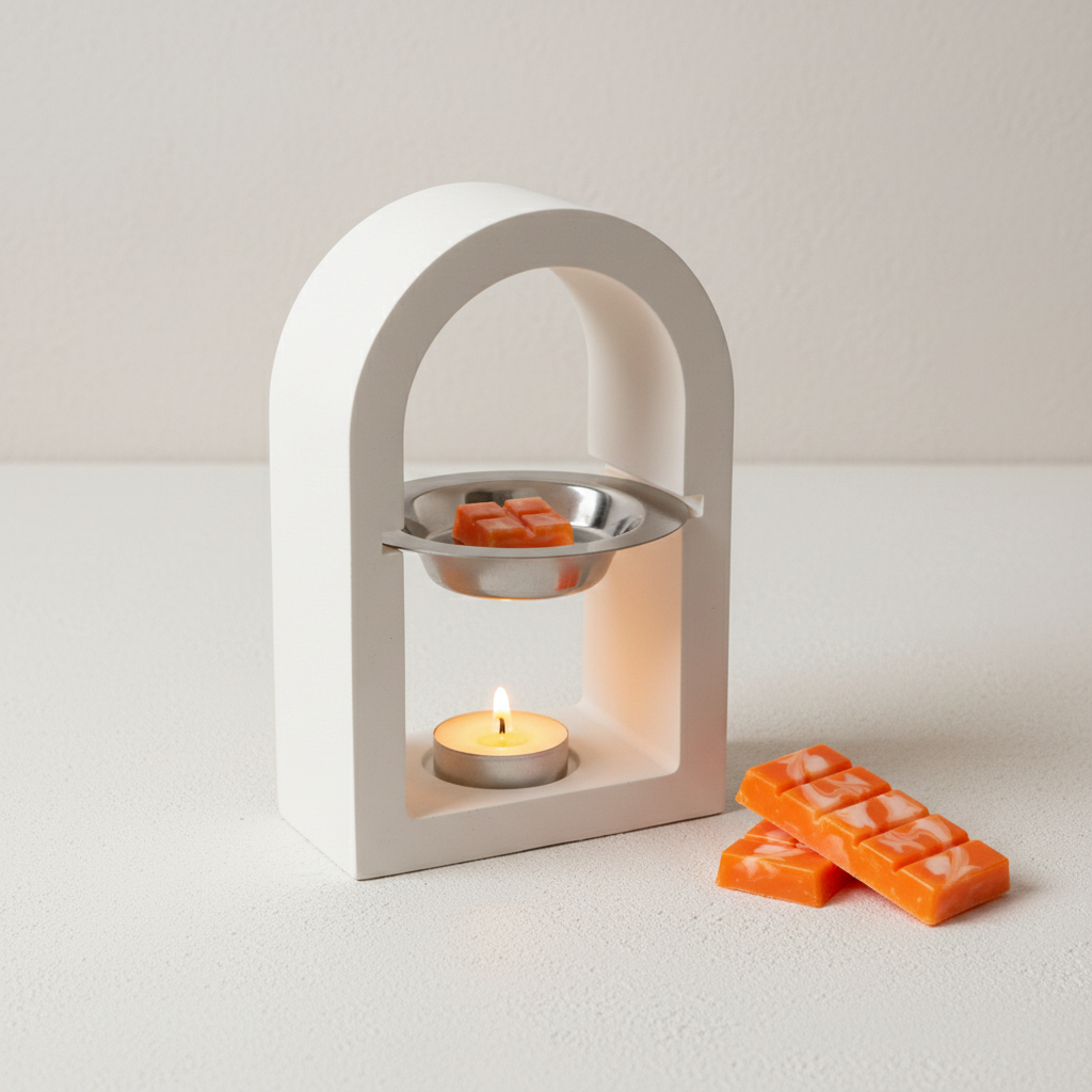 Quemador Arco con Wax Melt Mango y Mandarina y vela encendida