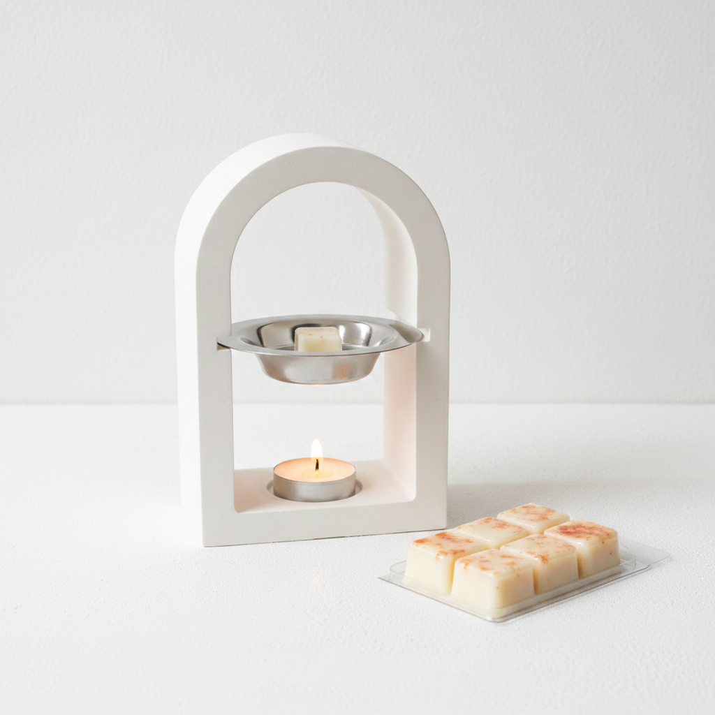 Quemador Arco con Wax Melt Melocotón y vela encendida