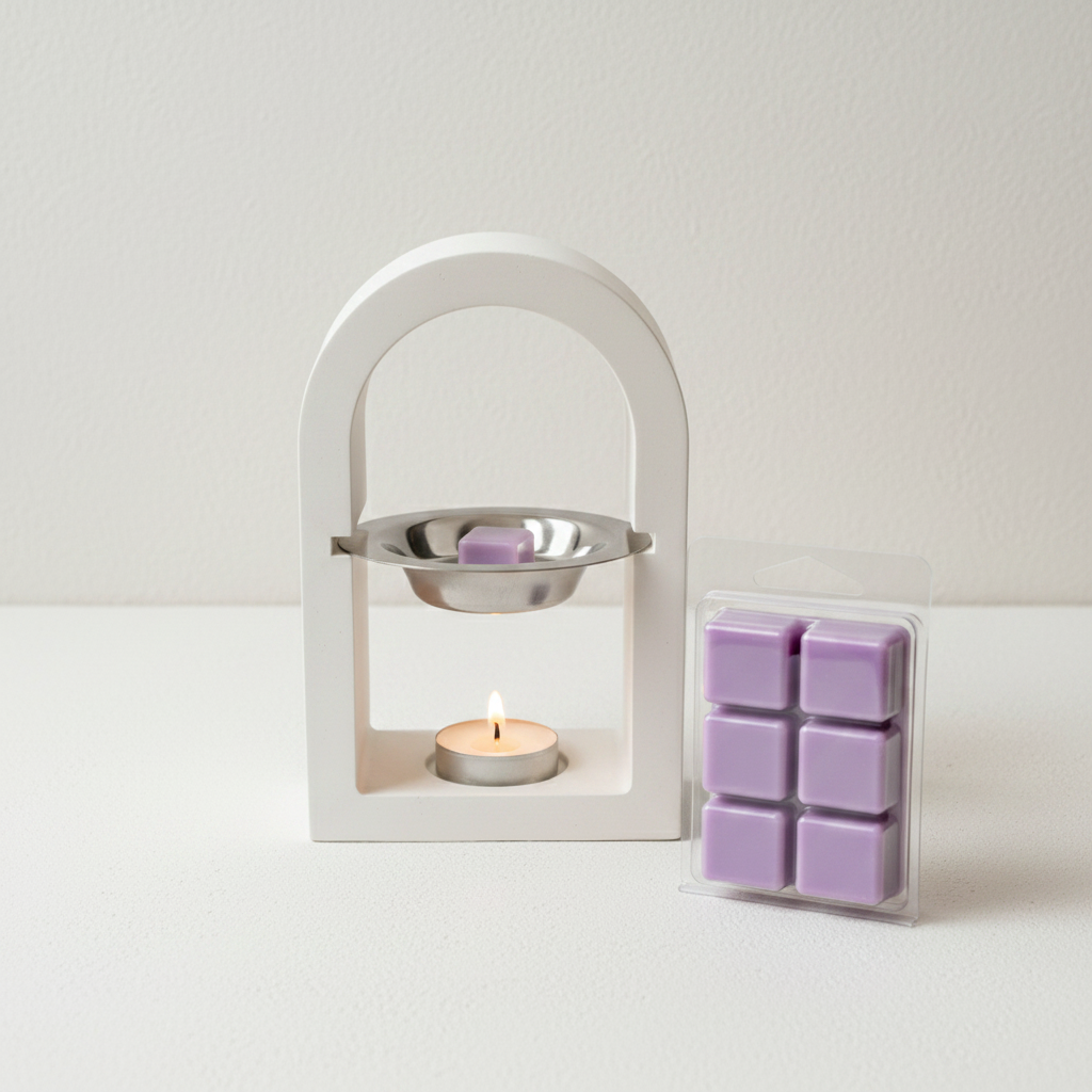 Quemador Arco con Wax Melt Mora y vela encendida