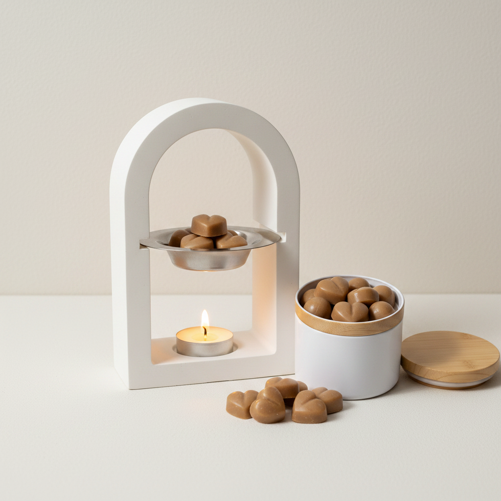 Quemador Arco con Wax Melts Café y Canela y vela encendida