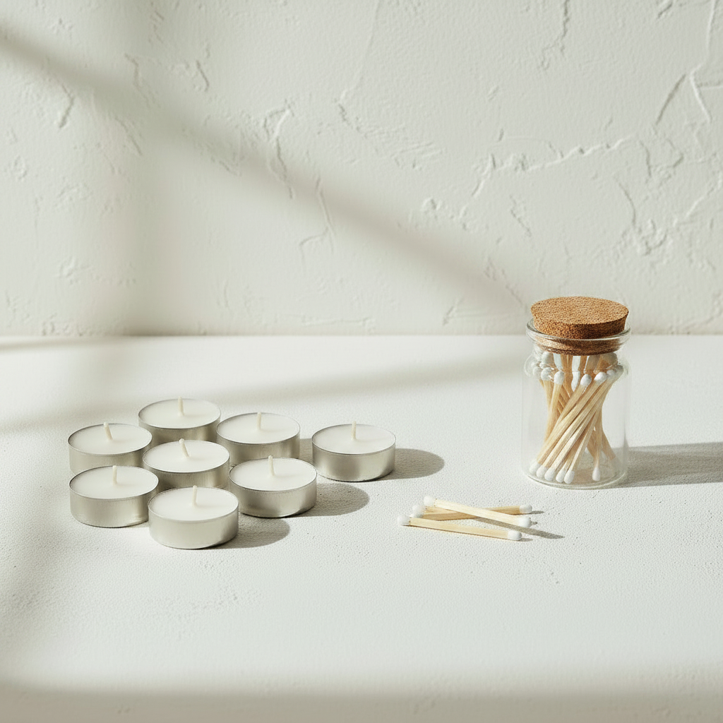 Velas tealight con cerillas y bote de corcho